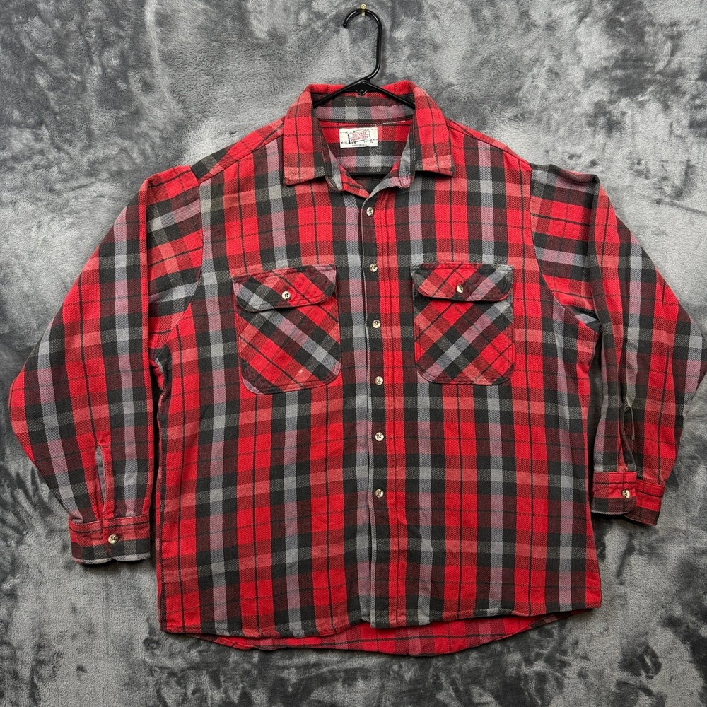 Private Property Flannel Shirt Mens XL Red Black Plaid Button Down USA Made